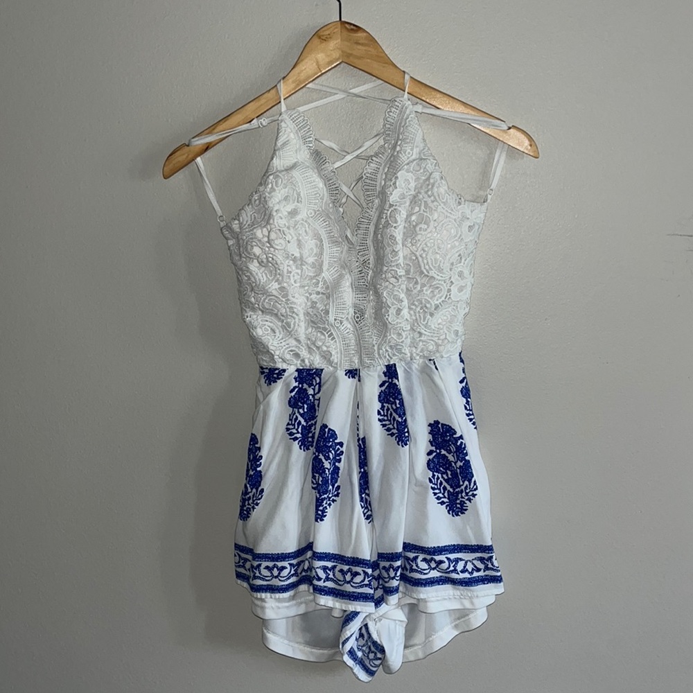 Love Culture White Lace & Blue Embroidered Mini Romper